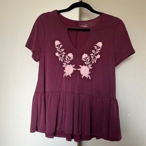 Francesca’s Alya Maroon with Floral Detail Shirt, Size S